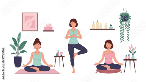 Three diverse women practicing yoga in a bright modern home studio with plants and decor for wellness and healthy lifestyle concepts