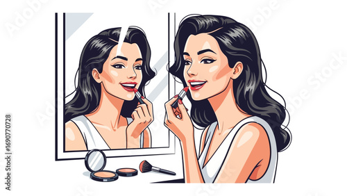 A beautiful young woman with dark wavy hair applying lipstick in front of a mirror with makeup products nearby