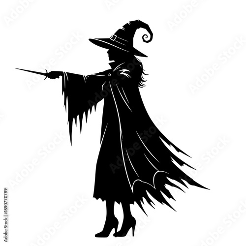 Mysterious silhouette of a witch wearing a pointed hat and flowing cloak holding a magic wand casting a spell on a transparent background silhouette isolated on transparent background