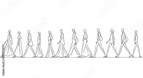 A detailed intricate black and white line art silhouette of a row of stylized abstract human figures standing side by side isolated on transparent background