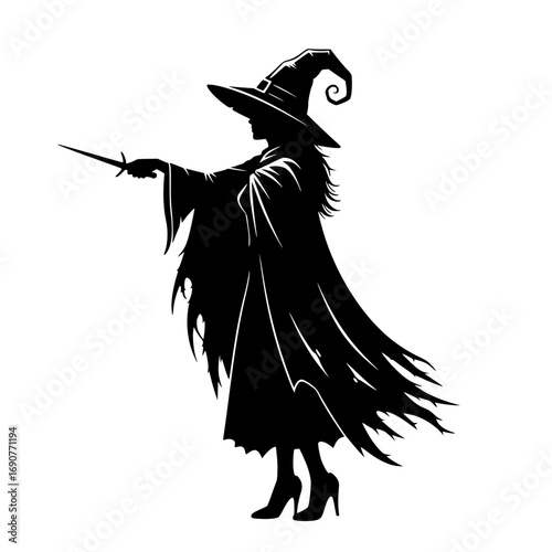 Mysterious silhouette of a witch wearing a pointed hat and flowing cloak holding a magic wand casting a spell on a transparent background silhouette isolated on transparent background