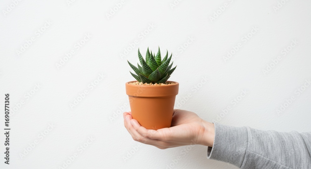 Obraz premium Hand Holding Small Potted Succulent Plant