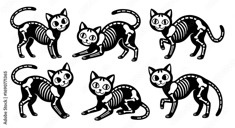 Obraz premium Collection of six playful black cat skeletons in various poses as a spooky halloween illustration silhouette isolated on transparent background