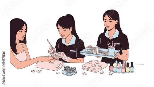 Three women in a nail salon one receiving a manicure another applying polish and the third holding a tray of supplies