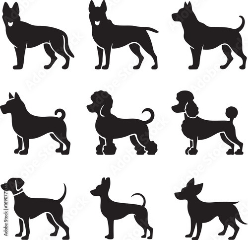 Collection of nine black dog silhouettes in various breeds and poses Keywords: dog, silhouette