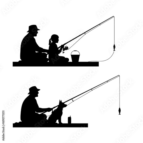Father and daughter fishing together on a wooden pier casting lines into the water with a bucket and a dog sitting patiently silhouette isolated on transparent background