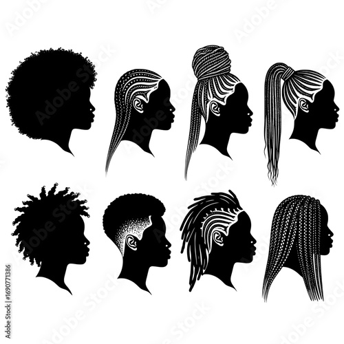Collection of diverse black african women and children hairstyles depicted as black silhouettes against a transparent background showcasing various natural hair textures and styles isolated on transpa