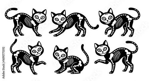 Collection of six playful black cat skeletons in various poses as a spooky halloween illustration silhouette isolated on transparent background
