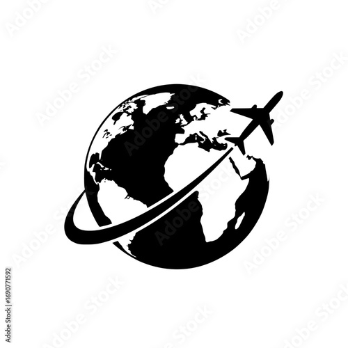 Black silhouette of an airplane in flight circling the globe with a stylized orbit line representing international travel and global exploration isolated on transparent background