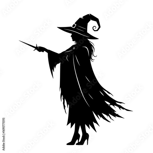 Mysterious silhouette of a witch wearing a pointed hat and flowing cloak holding a magic wand casting a spell on a transparent background silhouette isolated on transparent background