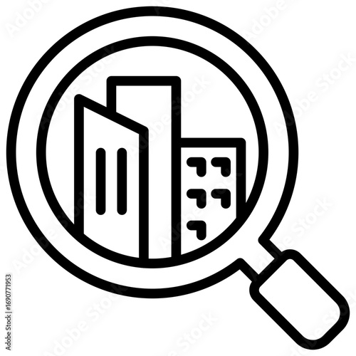 Company Search Outline Icon Design Vector - Magnifying glass over buildings, symbolizing business search, company research, and corporate analysis