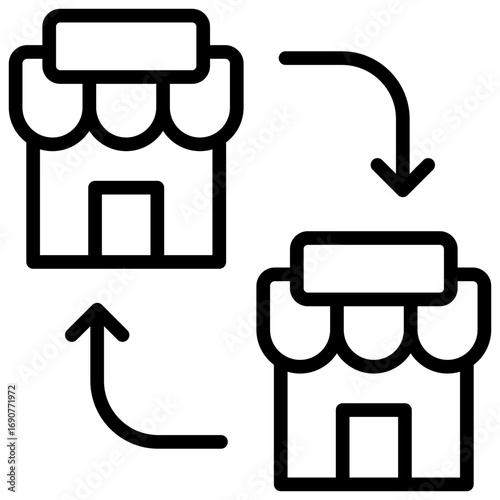 Franchise Network Outline Icon Design Vector - Shops connected by arrows, representing franchise system and retail expansion