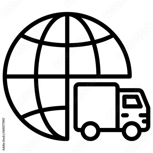 Global Shipping Outline Icon Design Vector - Globe with truck, representing worldwide logistics and international delivery