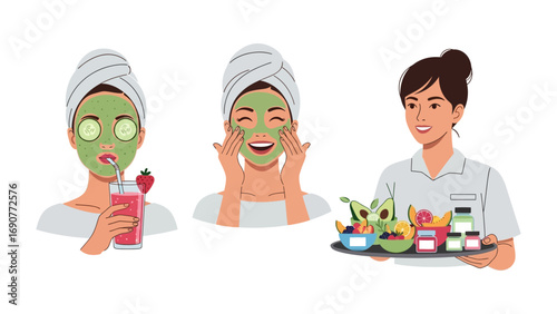 Three women enjoying a spa day with facial masks and beauty products promoting self care and relaxation