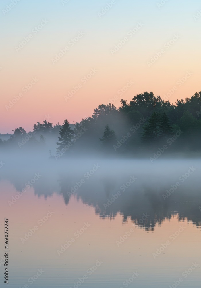 Fototapeta premium Serene Lakeside Forest at Dawn with Mist