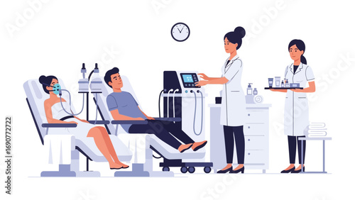 Two nurses attend to a male patient in a medical examination room with advanced diagnostic equipment and a clock on the wall