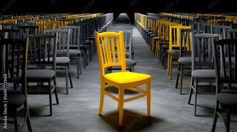Naklejka premium Bright Yellow Chair Standing Out Among Rows of Gray Chairs in a Dimly Lit Space