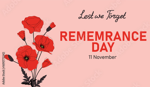 Remembrance day lest we forget. Horizontal banner with cartoon red poppy flowers, international symbol of peace, 