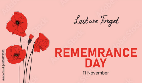Lest we forget. Red Poppy flower symbol of peace. Horizontal banner with cartoon red poppy flowers, international symbol of peace, and lettering