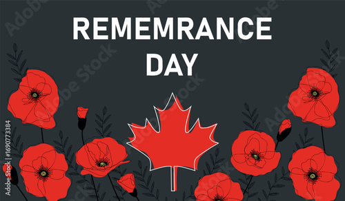 Remembrance Day banner with red poppy flowers. Horizontal Vector Illustration with hand drawn red poppy flowers, international symbol of peace, 