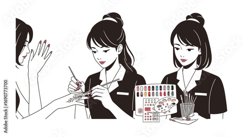 Stylized illustration of a nail technician carefully applying polish to a client s fingernails with a color swatch display