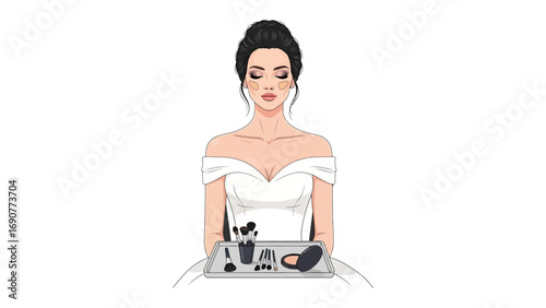 Elegant bride with eyes closed applying makeup with a brush and cosmetics on a tray before wedding ceremony