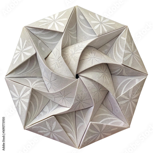 Intricate geometric origami starburst sculpture crafted from textured paper with delicate floral patterns, a modern artistic masterpiece.