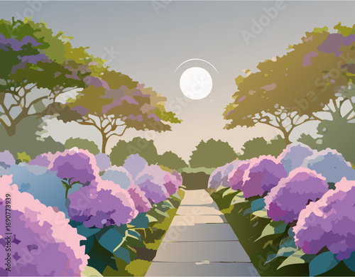 夕日とアジサイの風景