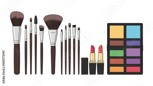A collection of professional makeup brushes vibrant eyeshadow palette and stylish lipsticks arranged on a clean white background for beauty and cosmetic applications