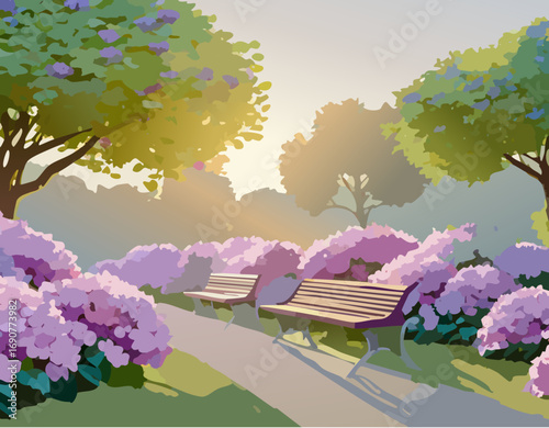 夕日とアジサイの風景