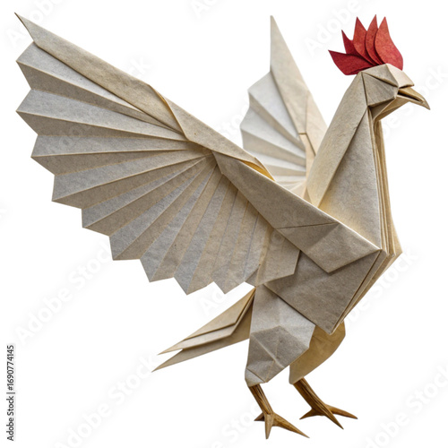Exquisite origami rooster unfolds its detailed wings, a symbol of luck and prosperity, perfect for cultural themes.