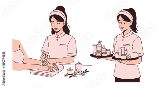 Two illustrations of a woman in a spa uniform performing a manicure and another woman holding a tray of beauty products for spa treatments