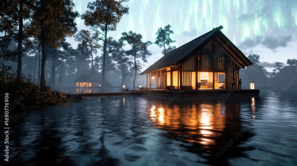 Fototapeta premium A serene floating temple glowing under a sky filled with auroras, surrounded by mist, fantasy theme, rich warm and cool contrasts.