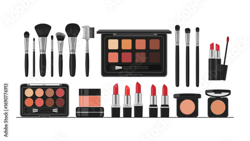 A vibrant collection of makeup essentials including eyeshadow palettes lipsticks brushes and blushes arranged on a white background