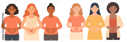 Diverse group of women making a heart shape with their hands over their belly for self love, body positivity, and female health