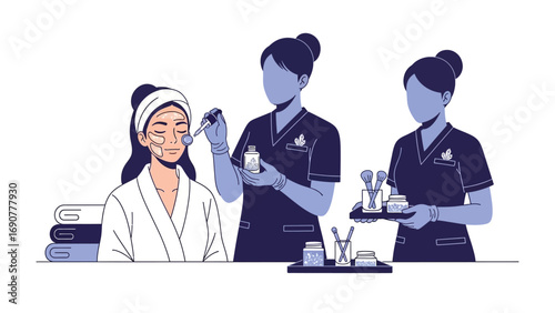 Skincare professionals demonstrating facial serum application and product display in a modern beauty salon or spa setting