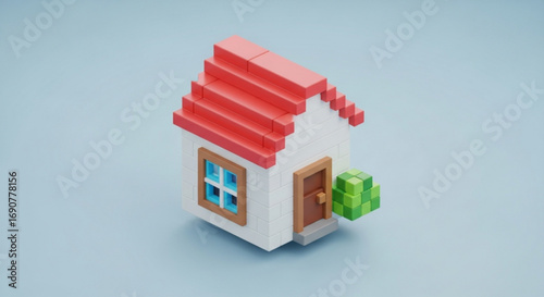 A 3d render of a small house with a red roof and a green bush, showcasing a simple and cute home design on light blue backdrop