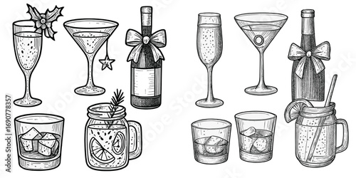 Hand drawn sketch collection of festive holiday cocktails including champagne, martini, and whiskey for party celebrations
