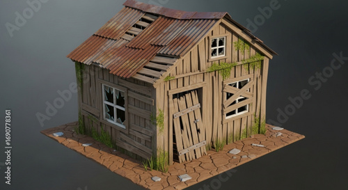 A weathered and dilapidated wooden shack with rusty corrugated iron roof, showcasing decay and neglect