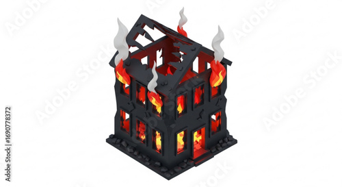 A miniature twostory house engulfed in flames, with smoke billowing from the windows and roof
