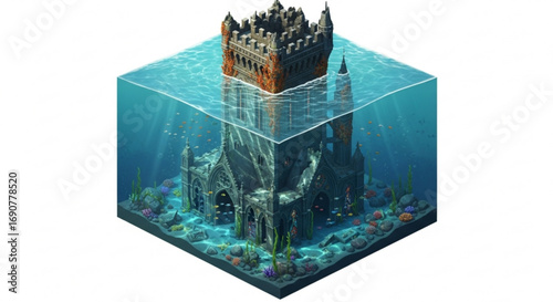 Isometric view of a sunken castle ruin in a cube of water, showcasing the underwater architecture and marine life, creating a surreal scene