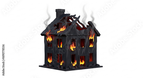 a burnt house with flames and smoke, illustrating the devastation of fire damage and the aftermath of destruction
