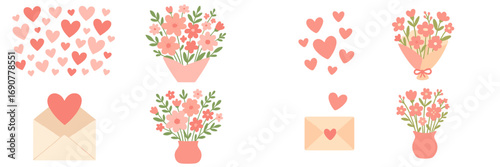 A charming collection of romantic Valentine's Day elements including pink hearts, flower bouquets, love letters, and other cute holiday icons for greeting cards or wedding invitations