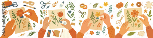 Collection of hands engaged in a creative hobby making floral papercrafts and scrapbooking with various art supplies on a desk