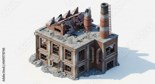 An old abandoned factory stands, with broken windows and a crumbling chimney, a symbol of industrial decay