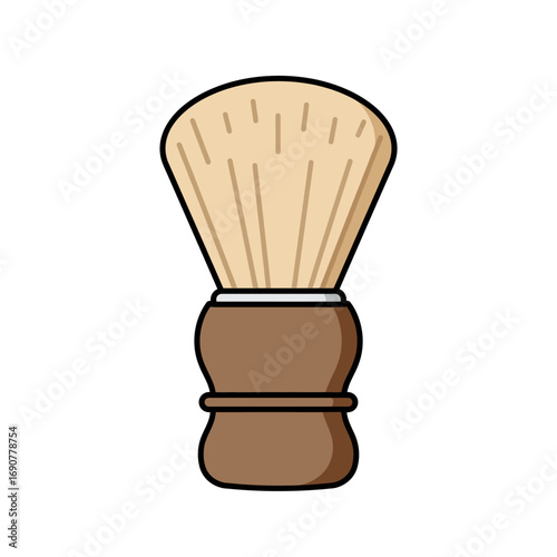Classic shaving brush with brown wooden handle sits isolated on white, ready for lathering soap in barbershop, conveying vintage grooming aesthetic.