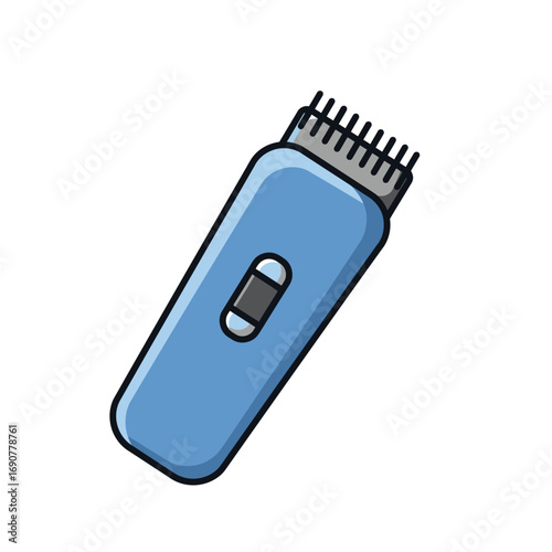 Blue electric hair clipper sits on white surface ready for grooming and styling, showcasing modern personal care technology and hygiene.
