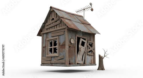 A dilapidated old shack with broken windows and a rusty roof, a small dead tree stands beside the house