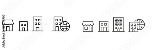 Corporate headquarters and business building icon set in a simple line art style for web and mobile application design