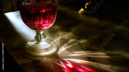 A deep red liquid fills a delicate wine glass, sunlight creating bright reflections and casting a red hue on the table,